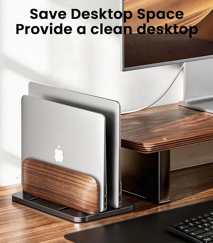 LOXP Vertical Laptop Stand, Dual Slot Wooden + Aluminum Laptop Holder | Desktop Adjustable MacBook Stand, Adjustable Base, for MacBook Pro/Air, (up to 17.3-inch All laptops) - Image 2