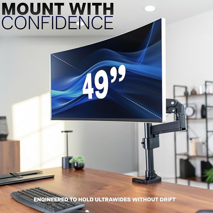 VIVO Premium Aluminum Tall Extended Monitor Arm for Ultrawide Monitors up to 49 inches and 33 lbs, USB Single Desk Mount Stand, Pneumatic Height Adjust, Max VESA 100x100, Black, STAND-V101GTU - Image 4