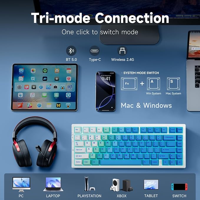 MCHOSE G75 PRO 75% Wireless Mechanical Keyboard, TKL Keyboards Tri-Mode BT5.0/2.4GHz/USB-C, Hot Swap Custom Creamy Keyboards Linear Switch, Double Shot PBT Keycaps RGB LED Backlit, White&Blue - Image 4