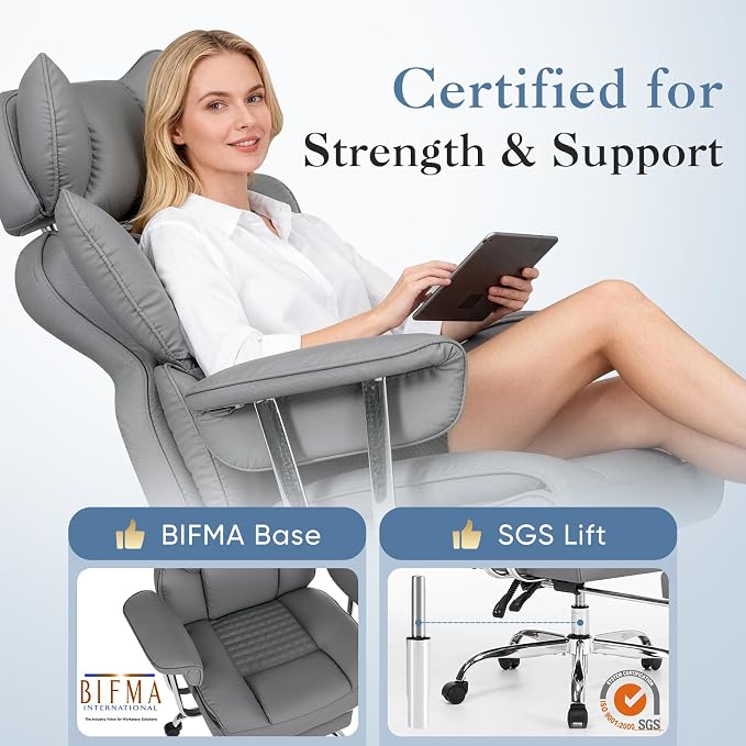 DUMOS Big and Tall Home Office Desk Chair, Executive Chair with Footrest | Scratch-Resistant PU Leather, Ergonomic Reclining, Pocket Spring Support, 400 LBS Weight Capacity, Grey - Image 4