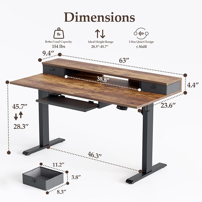 Klicelor 63 x 24 Inch Electric Standing Desk with Drawers and Keyboardtray, Adjustable Height Small Sit Stand Desk for Home Office, Compact Computer Workstation with Storage- Rustic Brown - Image 3