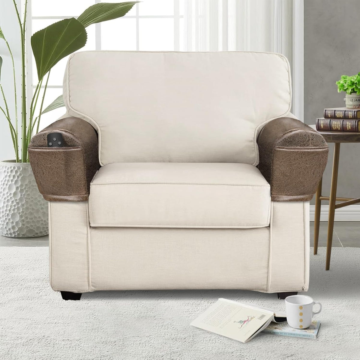Leather Look Couch Arm Covers Set of 2 Armrest Covers for Sofa Chair Arm Protectors Stretch Armchair Slipcovers with Pockets Washable Spandex Fabric (Large, Brown) - Image 2