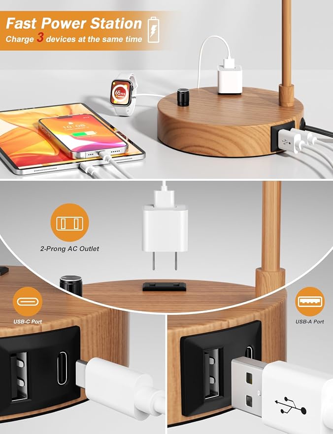Innqoo Wood Table Lamp for Bedroom with USB Port and Outlet, Dimmable Nightstand Bedside Lamps with Linen Lampshade, Desk Lamp for Home Office, Living Room, Guest Room, LED Bulb Included - Image 2