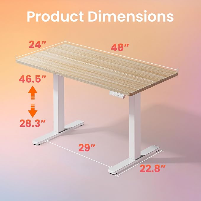 HUANUO 48x24 Inch Electric Standing Desk, Height Adjustable, Natural | 176 Lbs Capacity, Smooth Home Office Desk, 4 Memory Presets & Headphone Hooks, 28.3–46.5 Inch Height Range, Easy to assemble - Image 3