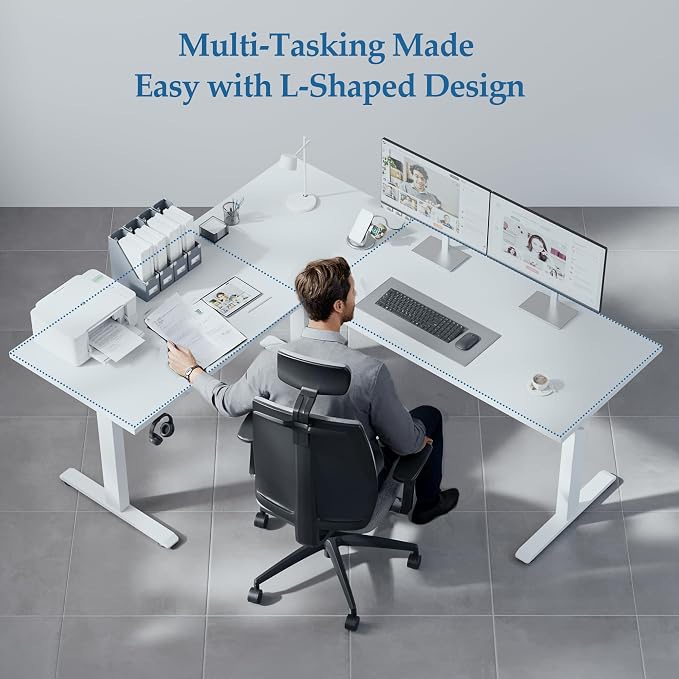 Klicelor L Shaped Standing Desk 63 x 55.1 Inch Dual Motors, Electric Height Adjustable Corner Desk for Home Office Workstation, Ergonomic Sit Stand Computer Table with Memory Controller, White - Image 4