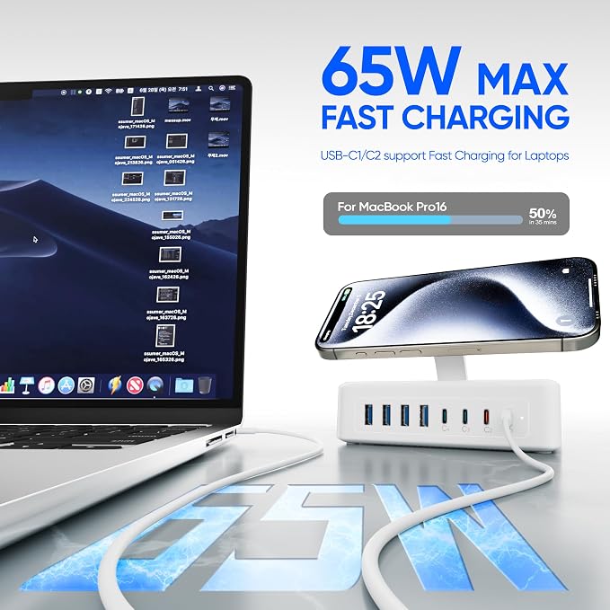 200W USB Charging Station, 11-in-1 USB C Power Strip Surge Protector, 2AC Outlets & 8USB Ports, 5ft Flat Plug Extension Cord with Multiple Devices, Home Office Desk Accessories - Image 2