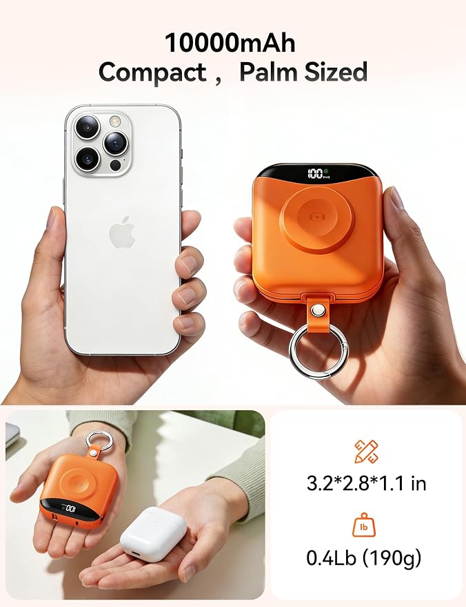 Portable Charger 10000mAh 22.5W Power Bank Built-in 2 Cables Keychain | Charge 5 Devices, TSA approved, Travel Fast Charging Battery Pack for iPhone Samsung Google Android & iWatch Charger, Orange - Image 3