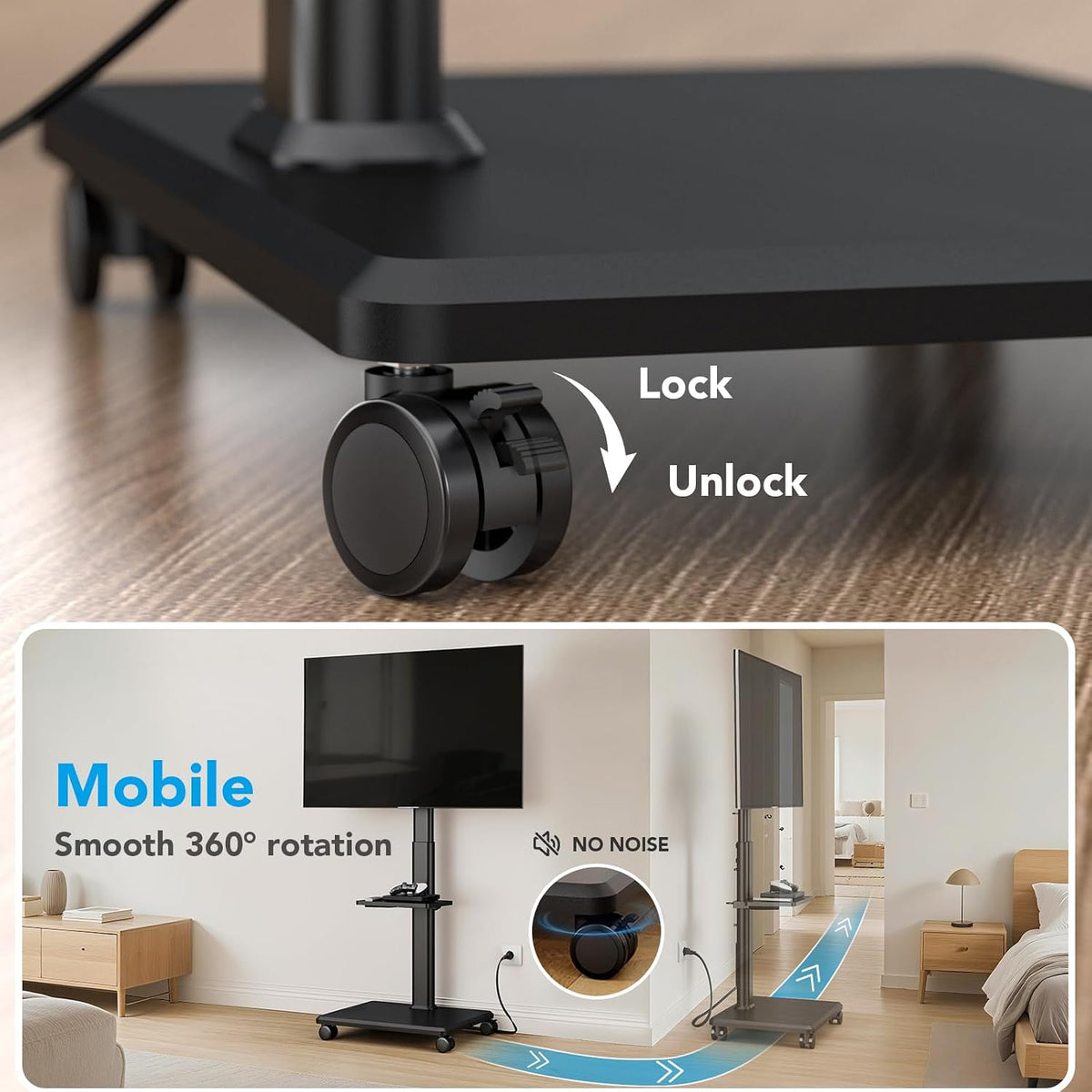 Mobile TV Stand with Power Outlets&Shelf, Floor Portable TV Stand with Wheels for 27-65Inch LCD LED OLED Flat/Curved Panel Screen, Swivel,Height Adjustable&Wood Base, RollingTV Cart Black - Image 5