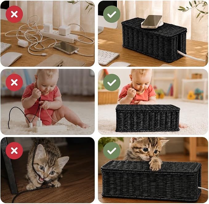 Cable Management Box, Handmade Rattan Cord Organizer for Power Strip | Open Slots Cord Hider for Power Strip, Router & USB Hub, Registered U.S. Design Patent - Image 8
