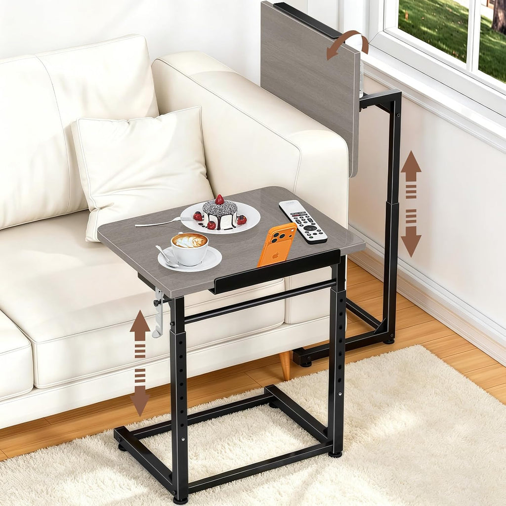 Upgrade Tv Tray Table Set of 2, 8-Level Adjustable Height Couch Side Table, 90° Tilt Angle Foldable C-Shaped End Table with Phone & Tablet Slot for Sofa, Bed, Chair Living Room (Lvory Gray） by Dataroad Selead