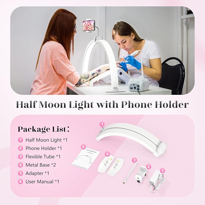 Yokilly Half Moon Light for Nail Desk: 23" Foldable Nail Light for Desk | Arch Nail Tech Light with Phone Holder for Beginner - 3 Color Modes & 10 Brightness for Manicure Salon-White - Image 7