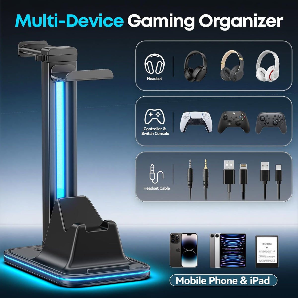 Kytok 4-in-1 Headset and Controller Stand for Desk, 360° Rotating Headphone Stand with Phone Holder, 10 RGB Modes for Accesorios de Mesa Gamer, P5/SW/Xbx Levitating Gaming Headset and Controller Stand - Image 2