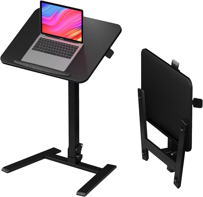 25" Mobile Folding Desk: Pneumatic Sit-Stand, No Assembly | 29-42" Height Adjustable Rolling Laptop Desk, Hidden Wheels, 0-90° Tilt Top. Ideal for Home Office, Craft & Study. by ALAWOODER