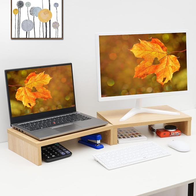 TEAMIX Wood Monitor Stand Riser-2 Packs, Maple | Holds 80Lbs, Stacked/Separate Adjustable Use, 2 Tier Adjustable, Fits laptop, TV, PC. For Home Office, Gaming - Image 8