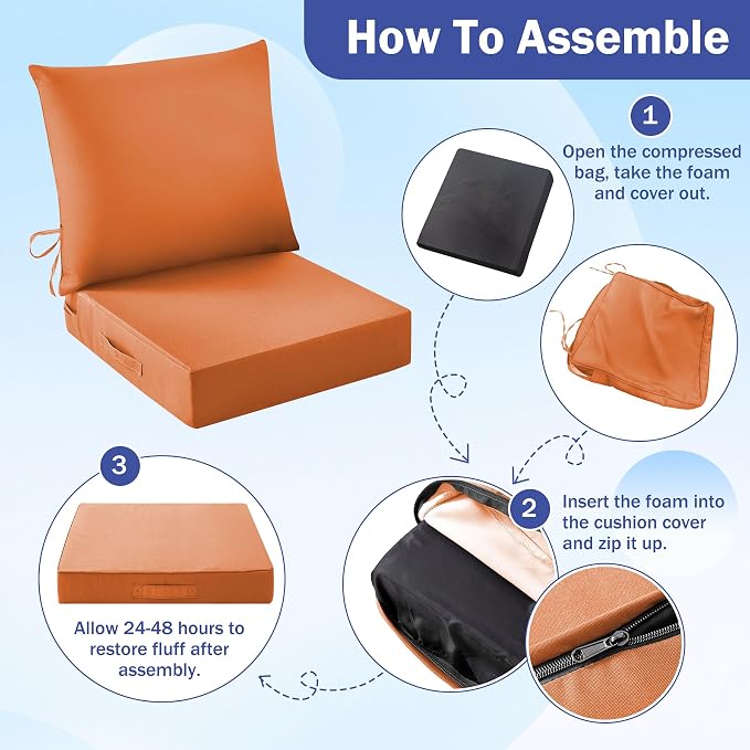 IASEAHK Outdoor Seat Cushion Set, Waterproof & Fade Resistant Patio Chair Cushions, Outdoors Cushion for Patio Furniture, 24 x 24 x 4 Inch, Outdoor Couch Cushions with Handle and Ties, Spice - Image 8