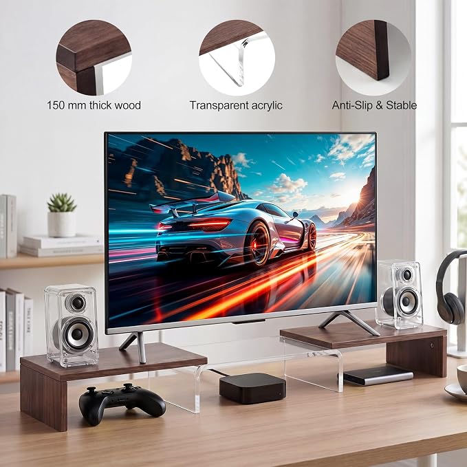 High-Clarity Dual Monitor Riser, Acrylic Monitor Riser, Adjustable Angle & Length Computer Monitor Stand, Wide Desk Shelf for Top of Desk for Home Office_Walnut Look Small - Image 6