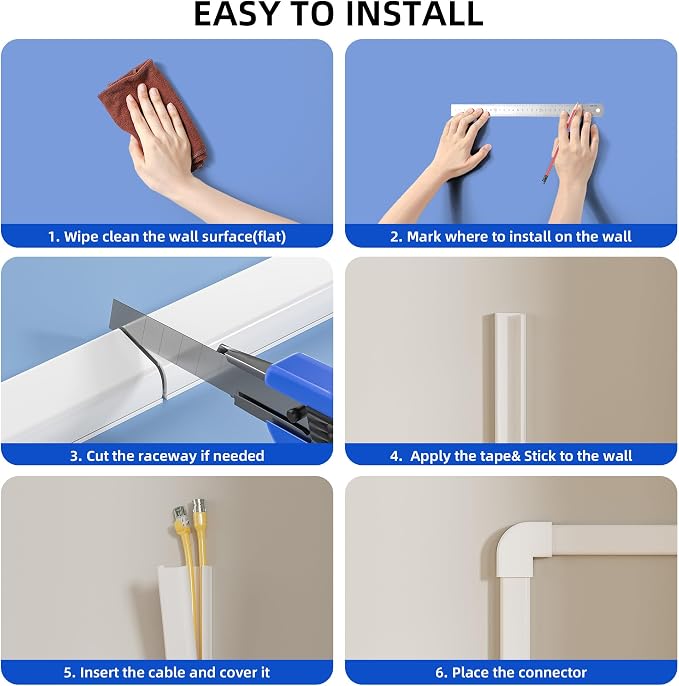 Delamu Cord Hider Cover, 142in TV Cable Concealer Kit for Wall Mounted TV with Management 2-3 Wires, Paintable Cable Cover for Floor, Easy Install, W 0.94 H 0.47in, White - Image 9