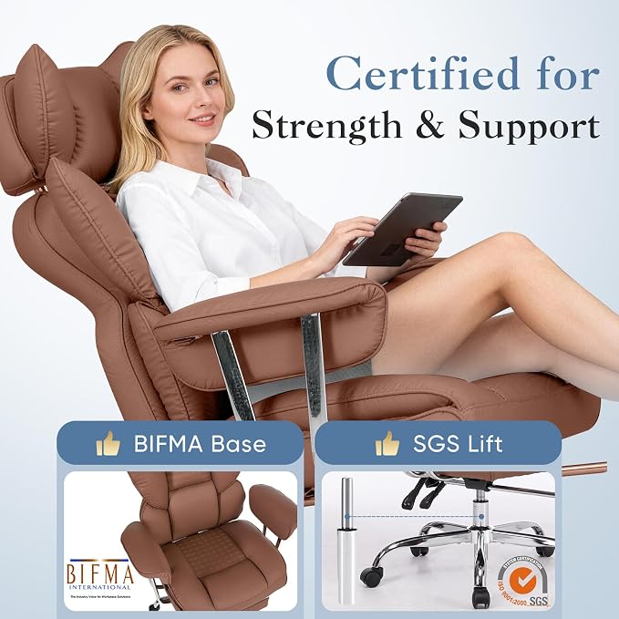 DUMOS Big and Tall Home Office Desk Chair, Executive Chair with Footrest | Scratch-Resistant PU Leather, Ergonomic Reclining, Pocket Spring Support, 400 LBS Weight Capacity, Brown - Image 4