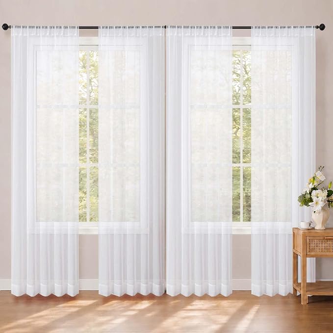 White Sheer Curtains 84 inches Long for Living Room 4 Panels Set | Sheer White Curtains for Bedroom, Rod Pocket Airy Light Filtering Window Treatments, 4 pcs, Each Panel 52" Width x 84" Long by OWENIE