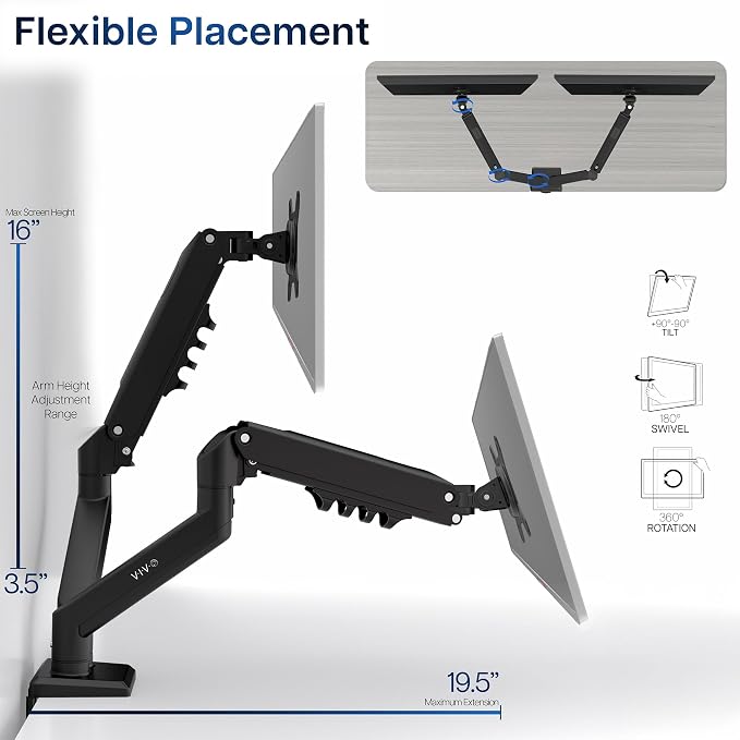VIVO Aluminum Articulating Dual Monitor Arm for 13 to 30 inch Screens, Desk Mount Tension Spring Monitor Stand for 2 Screens, Black, STAND-V102O - Image 6