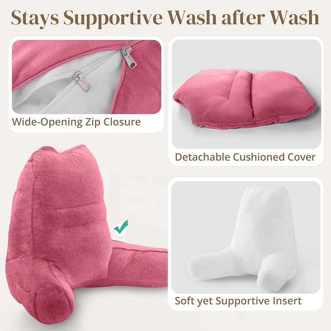 Sasttie Reading Pillow for Bed, Back Pillow for Sitting Up, Rose Pink | 23" Backrest Support Cushion for Couch, Sofa, and Floor, Dorm Essentials, OEKO-TEX, Adjustable Down Alternative Fill - Image 6