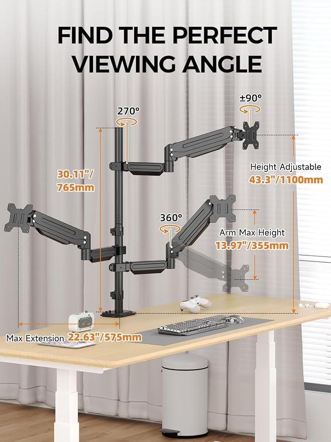 Triple Monitor Mount for Max 34" Screens, up to 24.25lbs Each, Full Adjustable 3 Monitor Desk Stand, Three Gas Spring Arm with Tilt Swivel Rotation, VESA 75x75/100x100mm, Black, MDX883B - Image 3