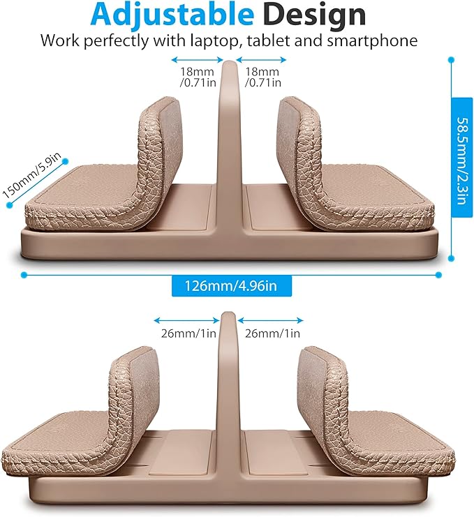 Leather Vertical Laptop Stand,Dual Laptop Holder Stand,Laptop Organizer with Adjustable Dock (18-26mm/0.7-1 in) for All MacBook/Tablet/Surface/Dell/iPad (Apricot) - Image 2