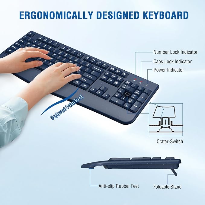 Wireless Keyboard and Mouse Combo, Full-Sized 2.4GHz Wireless Keyboard with Comfortable Palm Rest and Optical Mouse for Windows, Mac OS PC/Desktops/Computer/Laptops (Starry Blue) - Image 4