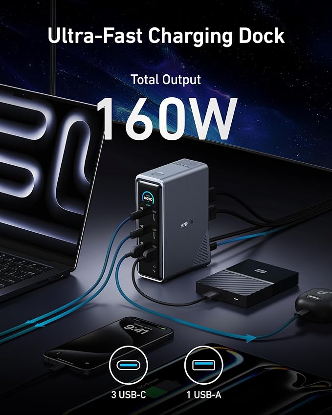 Anker Prime Docking Station, 14-in-1 Laptop Docking Station Dual Monitor | Dual 4K HDMI, 160W Max Output, 10Gbps Data Transfer, Smart Interface, Audio and Ethernet Ports for Dell, HP, Lenovo and More - Image 4