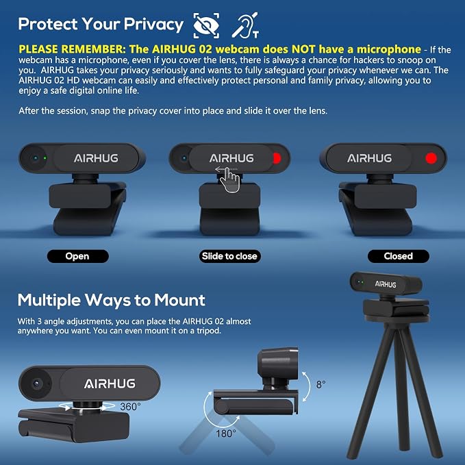 AIRHUG 2K Webcam No Mic with Privacy Cover, USB Camera for Computer | Plug & Play, Without Audio, 78° Wide-Angle, For Streaming and Conferencing - Image 2