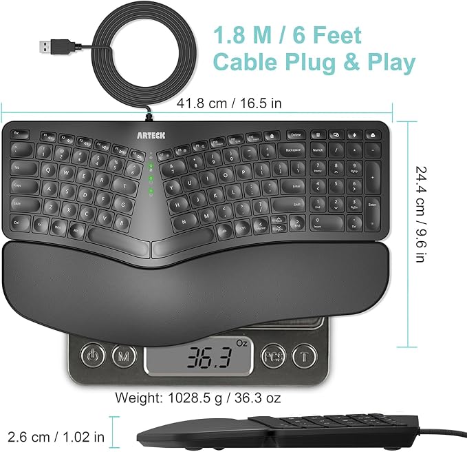 Arteck Split Ergonomic Keyboard with Palm Rest, USB Wired Backlit Keyboard - Image 5