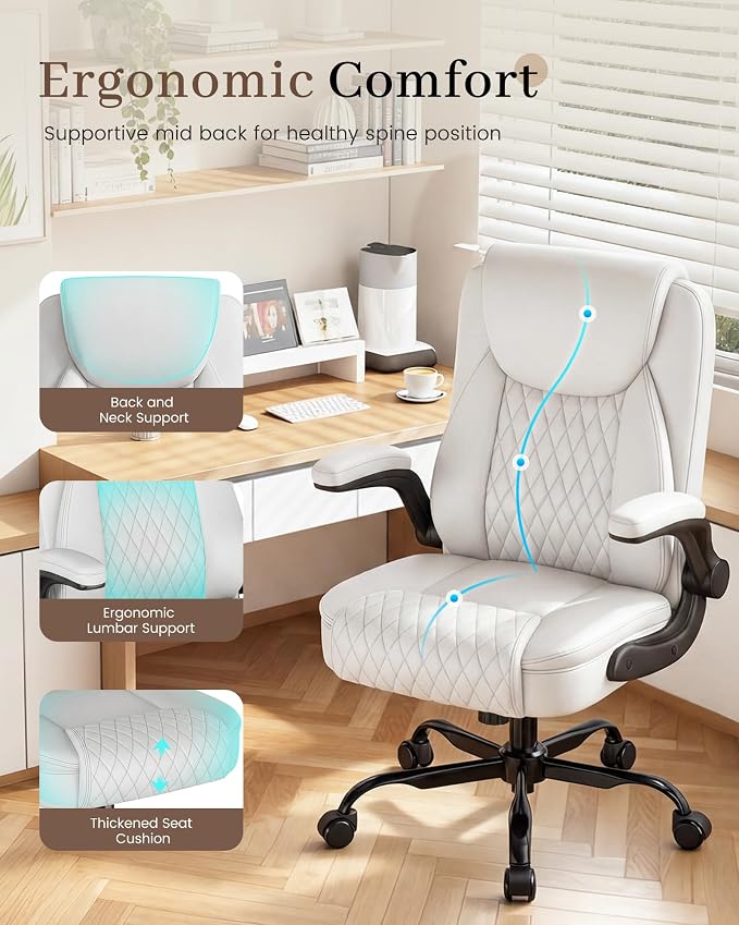 COMHOMA Mid-Back Office Chair, Ergonomic PU Desk Chair with Flip up Arms, Small Computer Gaming with Comfy Lumbar Support,Rocking Function,Sturdy Metal Base, White - Image 6