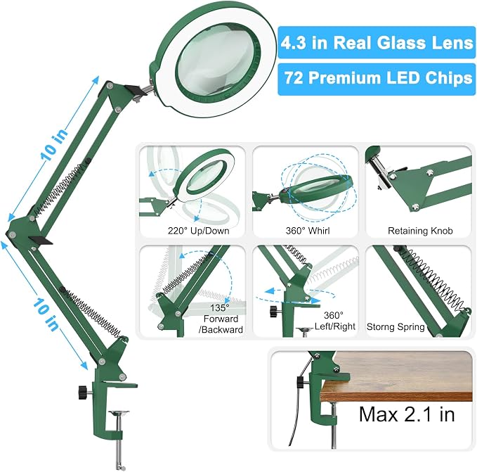 10X Magnifying Glass with Light and Clamp, Real Glass Stand Lighted Magnifier, 5 Color Modes Stepless Dimmable LED Desk Lamp Hands Free for Crafts Hobby Reading Painting Sewing Close Work - Green - Image 5