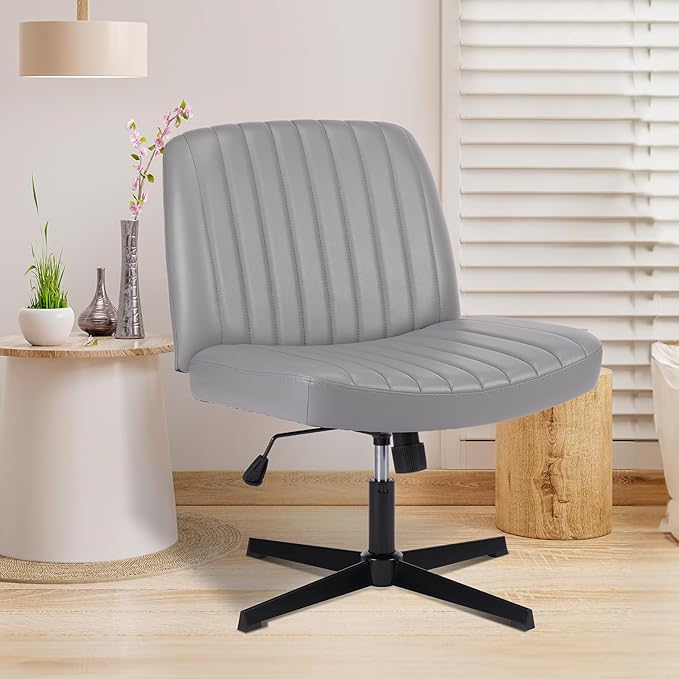 OLIXIS Criss Cross Chair, Vanity Chair, Home Office Desk | Armless No Wheels Wide Seat, Height Adjustable Swivel, Faux Leather, Bedroom Student Study, Grey Dual Base by OLIXIS