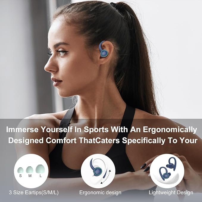 Wireless Earbuds, Bluetooth 5.4 Headphones Sport Over Ear Buds With ENC Mic | Noise Cancelling Mic, 48H, Wireless Earphone With Earhooks, Stereo Deep Bass, IP7 Waterproof Headset for Workout Running,Blue - Image 5