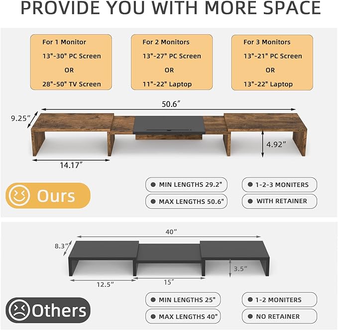 WESTREE Triple Dual Monitor Stand Riser, Extra Long Monitor Stand for 1~2~3 Monitors, Monitor Stand with Length and Angle Adjustable, 3 Shelf Desktop Storage Riser for Monitor Computer Screen Laptop - Image 4