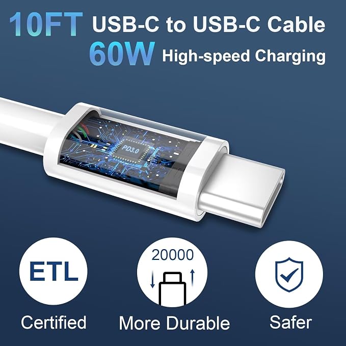 iPhone 17 16 15 Charger Fast Charging Cord 10FT Long USB C Charging Cable with 20W Type C Charger Block for iPhone 17 Pro Max/17 Pro/17/Air, 16 15 Pro Max/16 15 Pro/16 15,iPad Pro/Air, Android Phone - Image 5