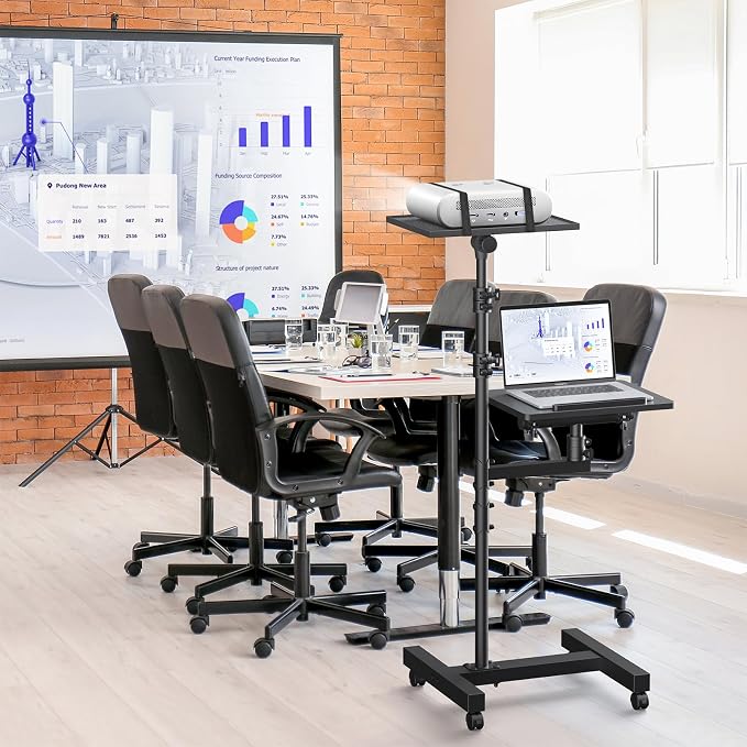 Projector Stand Tripod: 2 Shelves Mobile Laptop Cart Adjustable Height 45 to 64 Inches, Rolling Laptop Stand Cart with Ventilated Tray, Projector Tripod Stand on Wheels for Couch, Bedside, Meeting - Image 8