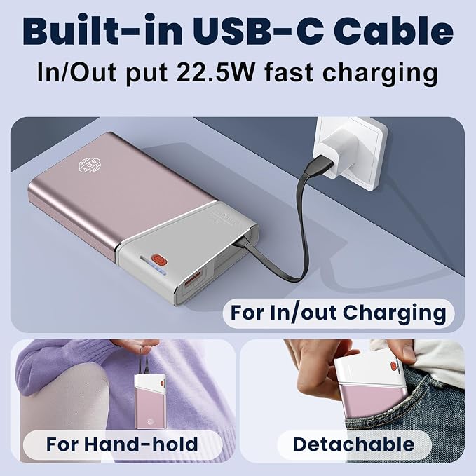 Aaoyun 20000mAh Portable Charger, 22.5W PD Fast Charging Power Bank with Built-in USB C Cable, Slim External Battery Pack Compatible with iPhone 17 16 15 Pro Max, Plus, Samsung S24 Ultra, iPad, Pink - Image 6