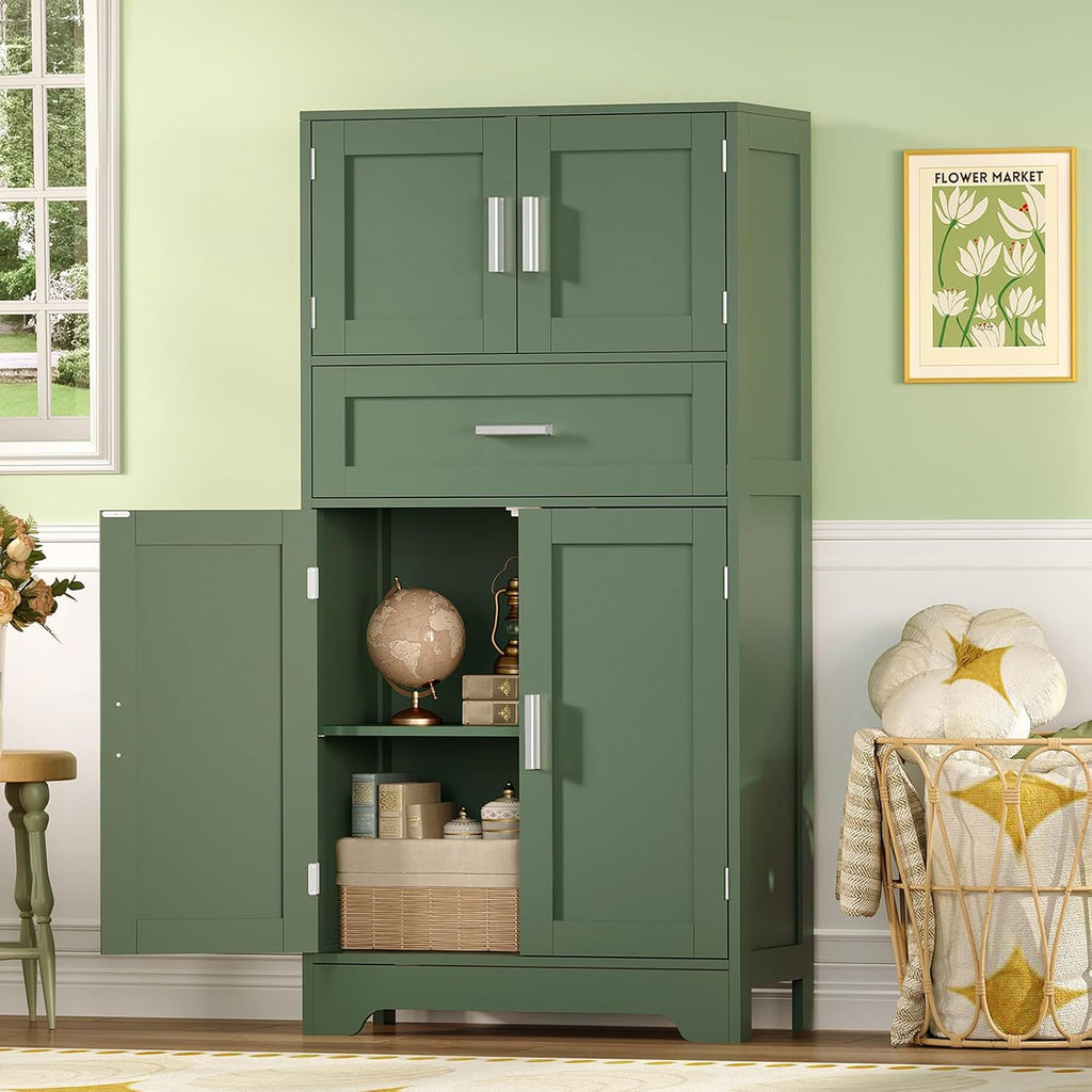 Bathroom Floor Storage Cabinet with Adjustable Shelf, Freestanding Storage Cabinet with 4 Doors, Cupboard for Living Room, Home Office, Entryway, Forest Green - Image 2