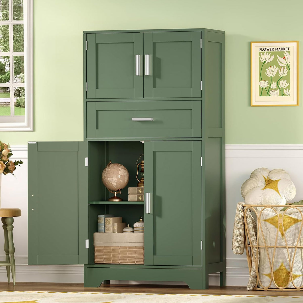 Bathroom Floor Storage Cabinet with Adjustable Shelf, Freestanding Storage Cabinet with 4 Doors, Cupboard for Living Room, Home Office, Entryway, Forest Green - Image 2