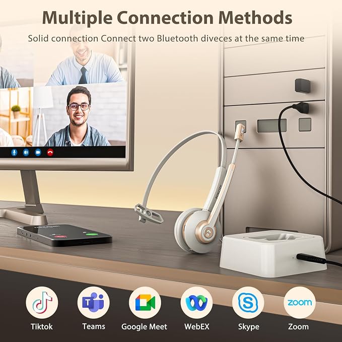 Bluetooth Headset with Microphon USB Dongle for Office | Wireless Headset with Mic with AI Noise Canceling, Charging Base, Mute Function V5.2 for Computer/Phone/Work/Skype - Image 3