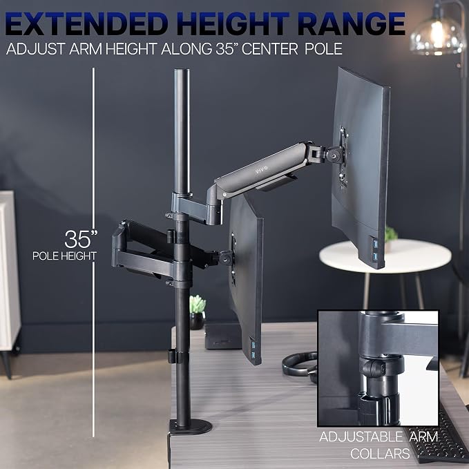 VIVO Dual Monitor Arm Extra Tall Mount for Screens up to 32 inches, Mechanical Height Adjustment, Full Articulating Heavy Duty VESA Stand with Desk C-clamp and Grommet, STAND-V012K - Image 4
