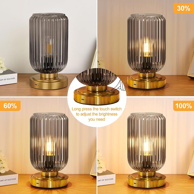 LightRound Cordless Table Lamp for Bedroom, Touch Stepless Dimmable | 7500mAh Rechargeable Battery, Gray Glass Shade, Brushed Gold Base, Bulb Included, Modern Wireless Lamp for Desk, Living Room - Image 3