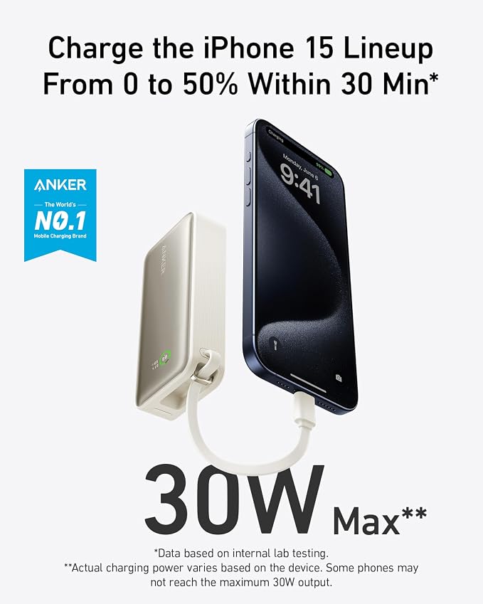 Anker Nano Power Bank,10,000mAh 30W Portable Charger,Built-in USB-C Cable | 30W Recharging and Output, USB-C and USB-A Ports, for iPhone 17 / 16 / 15 Series, MacBook, Galaxy, AirPods, and More - Image 2