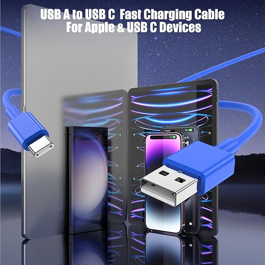 3-Pack Blue [3.3FT+3.3FT+6FT] USB A to USB C Cable, Compatible with iPhone 15/16, iPad, Samsung, MacBook, PS5 and More, Fast Charging, Carplay Cable - Image 3