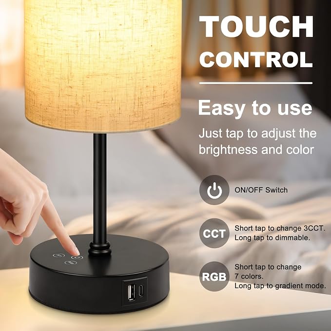 Table Lamp, 3 CCT 3000K/4500K/6500K & RGB Color Changing, Stepless Dimmable Small Bedside Lamp for Reading, Ambience Nightstand Light for Home Decor Party, Beige Shade - Image 9