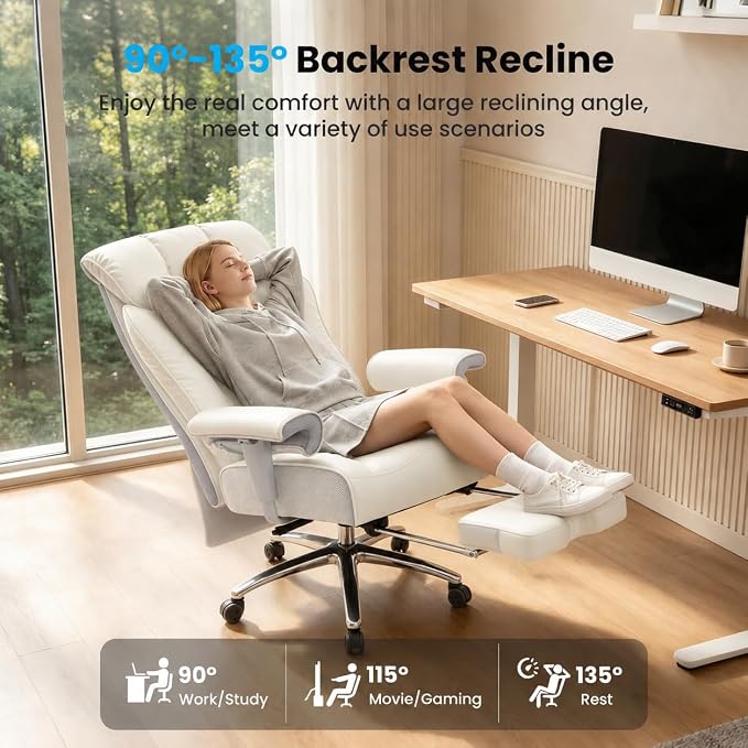 Efomao Big and Tall Executive Office Chair 450lbs,White | 5.9" Thick Pocket Spring Cushion, Reclining Breathable PU Leather Desk Chair with Foot Rest, Soft Comfortable Support - Image 5