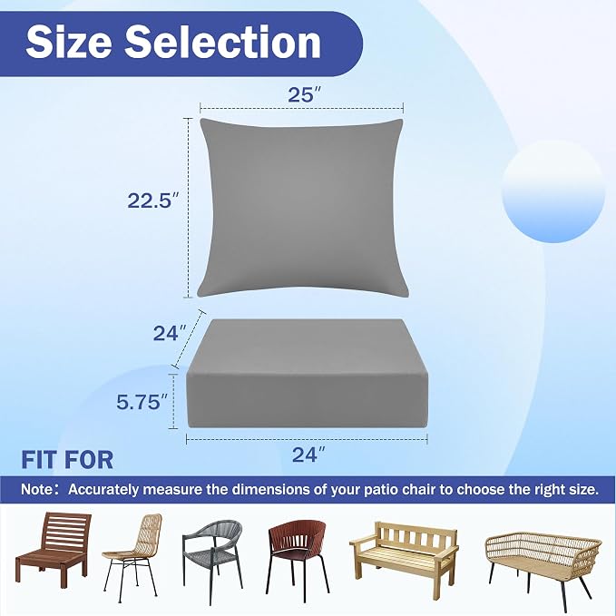 Outdoor Chair Cushions, 24 x 24 Inch Outdoor Cushion for Patio Furniture, Patio Chair Cushion, Waterproof & Fade Resistant Deep Patio Furniture Cushions Set with Handle and Ties, Grey (Set of 6) - Image 2