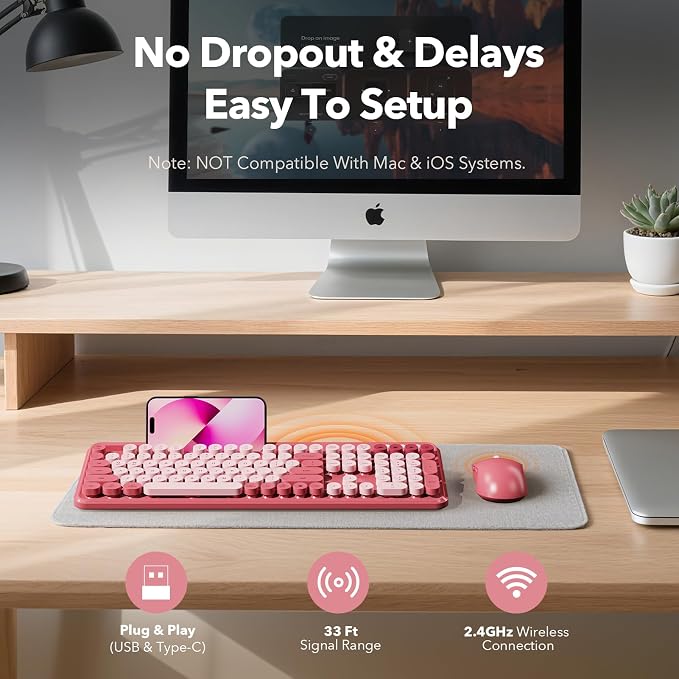 Wireless Keyboard and Mouse Combo, Rose, Round Keycaps, Phone/Tablet Holder | Full-size keyboard, typewriter-style design, 3-level DPI mouse, auto sleep, 2.4GHz for Mac Windows PC laptop, Trueque CK13 - Image 7